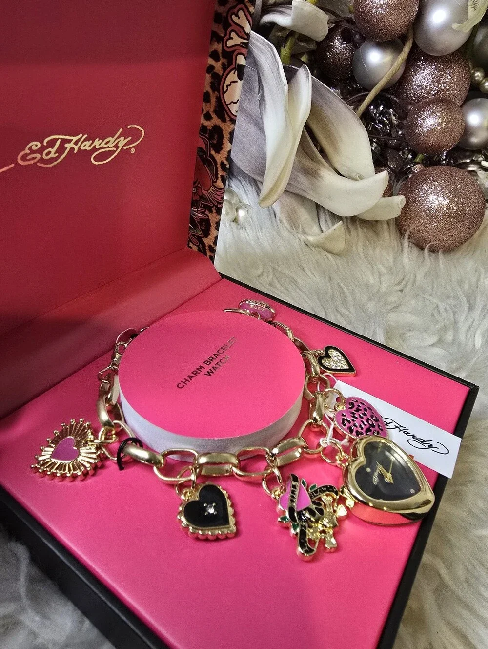 Ed Hardy Lobster closure, Gold tone bracelet, Heart  shaped watch new